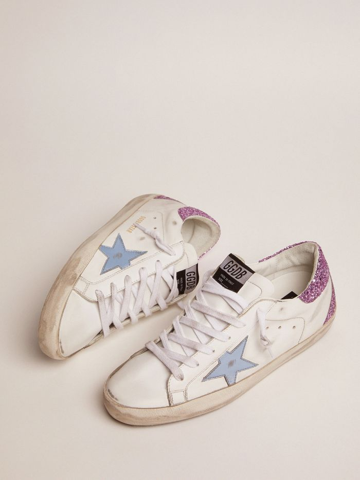 Super-star Sneakers With Lavender Glitter Heel Tab And Light-blue Metallic Leather Star