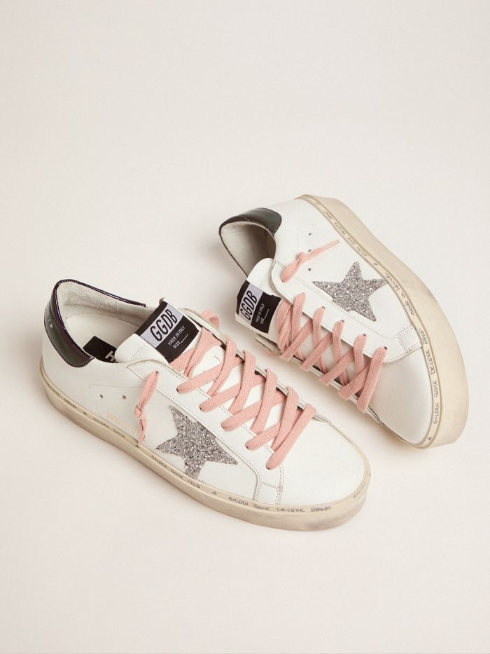 White Hi-star Sneakers With Glittery Star And Pink Laces