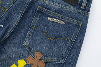 CHROME HEARTS PAINT DRIP CROSS PATCH JEANS DENIM