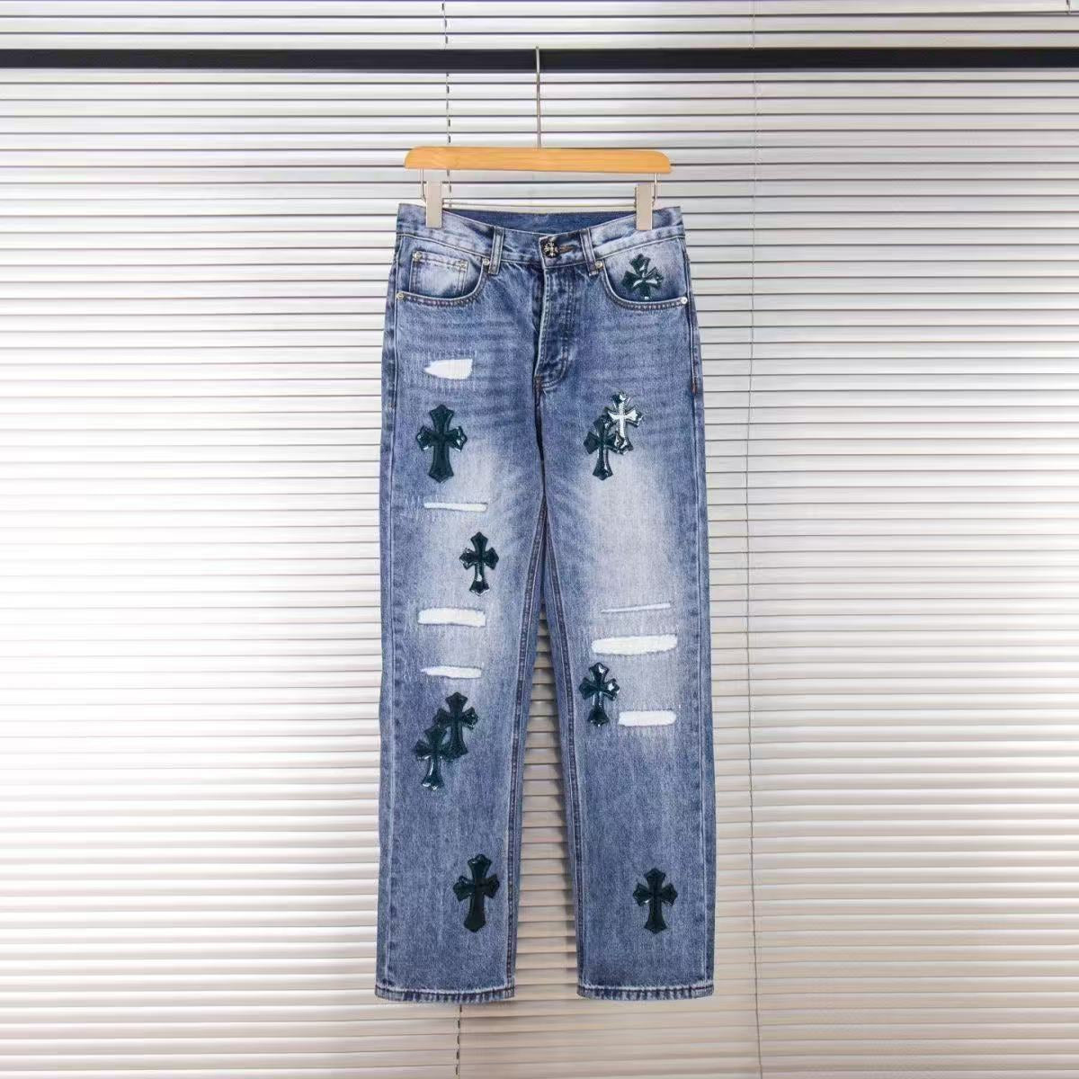 CHROME HEARTS BLACK CROSS PATCH JEANS DENIM