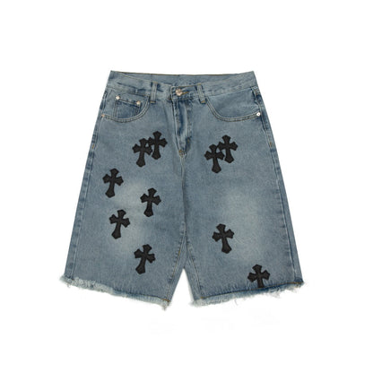 CHROME HEARTS BLACK CROSS PATCH JORTS WASHED DENIM