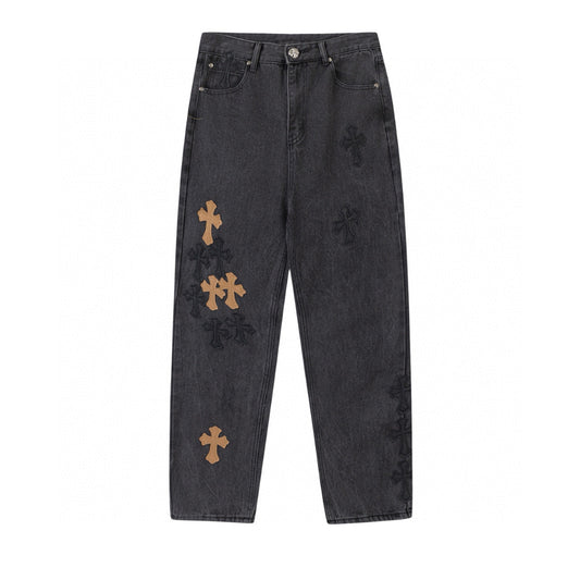 CHROME HEARTS BROWN CROSS PATCH JEANS BLACK