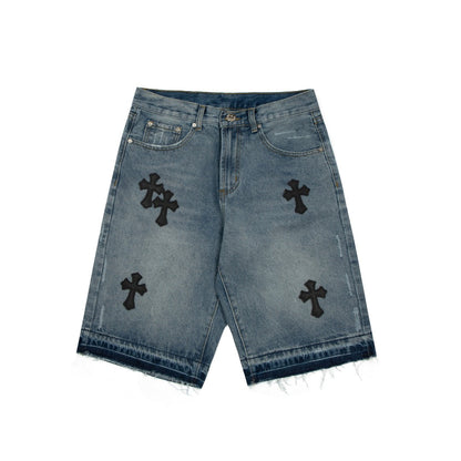CHROME HEARTS CROSS PATCH BLACK EDGE JORTS WASHED DENIM