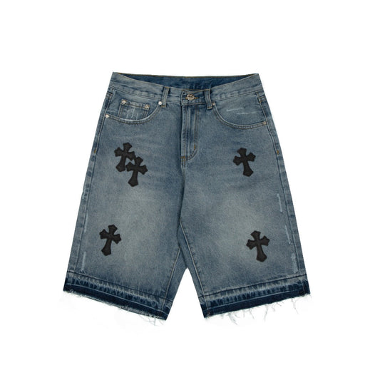 CHROME HEARTS CROSS PATCH BLACK EDGE JORTS WASHED DENIM