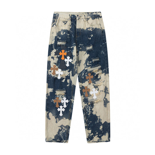 CHROME HEARTS TIE DYE WHITE ORANGE CROSS PATCH JEANS