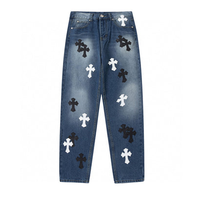 CHROME HEARTS WHITE BLACK CROSS PATCH JEANS DENIM