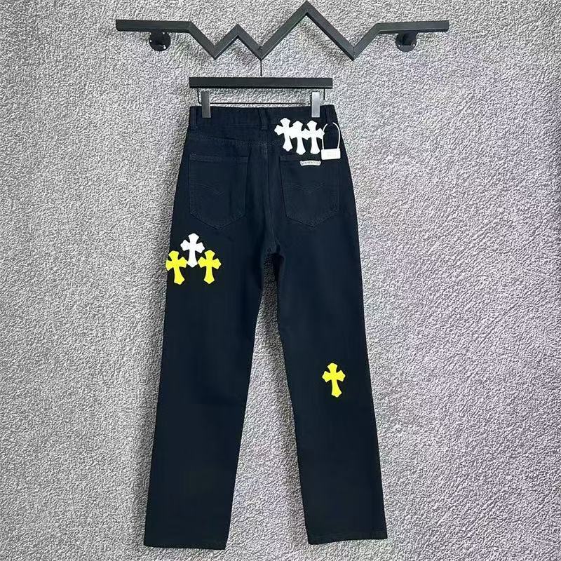 CHROME HEARTS WHITE YELLOW CROSS PATCH JEANS BLACK