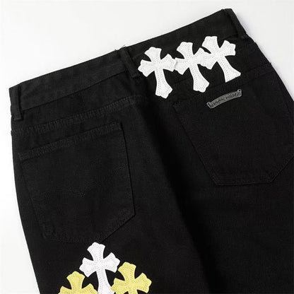 CHROME HEARTS WHITE YELLOW CROSS PATCH JEANS BLACK