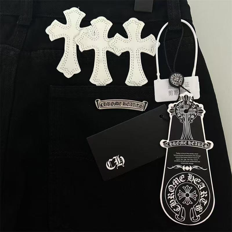 CHROME HEARTS WHITE YELLOW CROSS PATCH JEANS BLACK