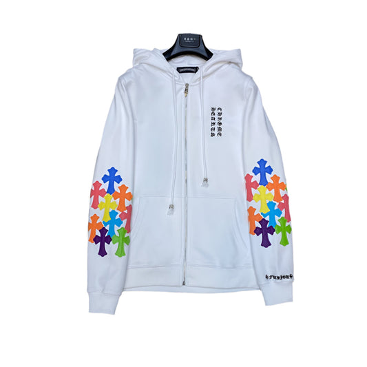 CHROME HEARTS MULTICOLOR CROSS PATCH ZIPPER HOODIE WHITE