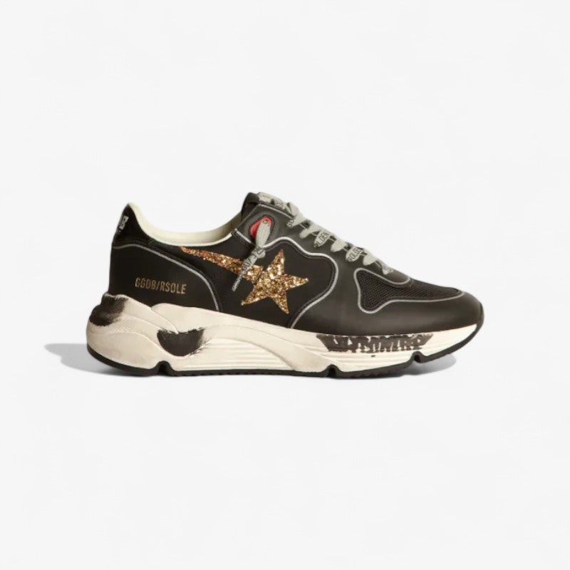 Black Running Sole Sneakers With Glittery Gold Star