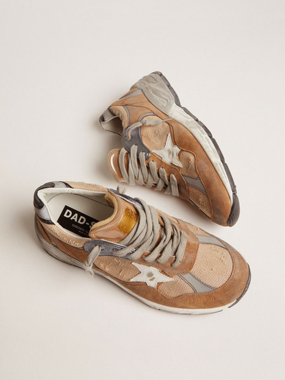 Dad-star Sneakers In Tobacco-colored Mesh And Suede With White Leather Star And Black Leather Heel