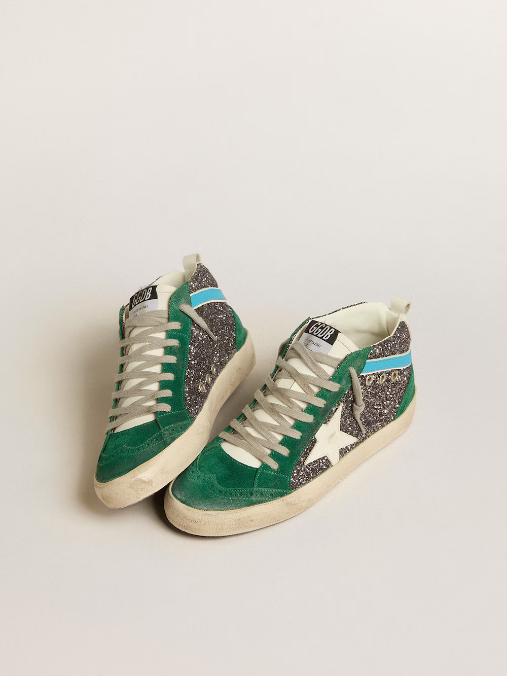 Golden Goose Mid Star Sneaker – Green Suede & Glitter Combo