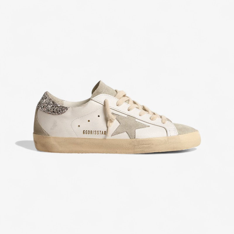 Golden Goose Superstar – White Leather with Silver Glitter Heel