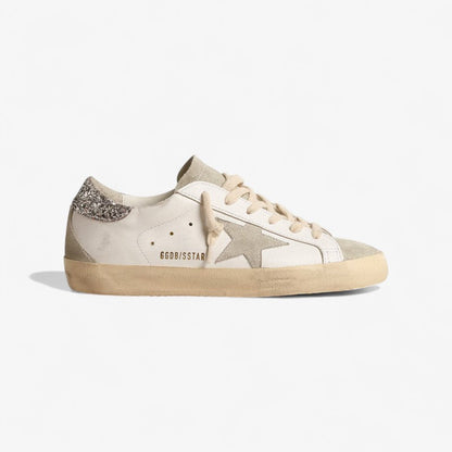 Golden Goose Superstar – White Leather with Silver Glitter Heel