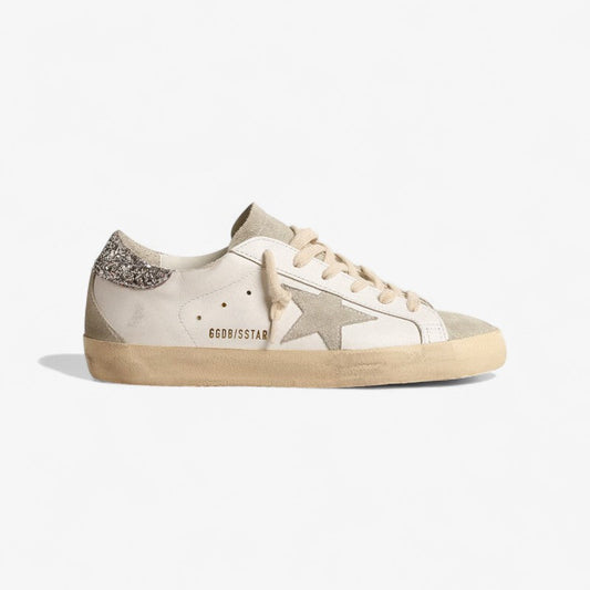 Golden Goose Superstar – White Leather with Silver Glitter Heel