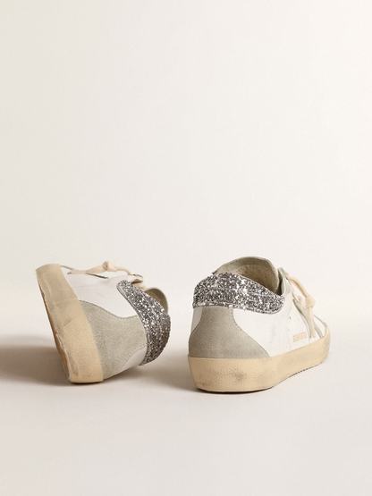 Golden Goose Superstar – White Leather with Silver Glitter Heel