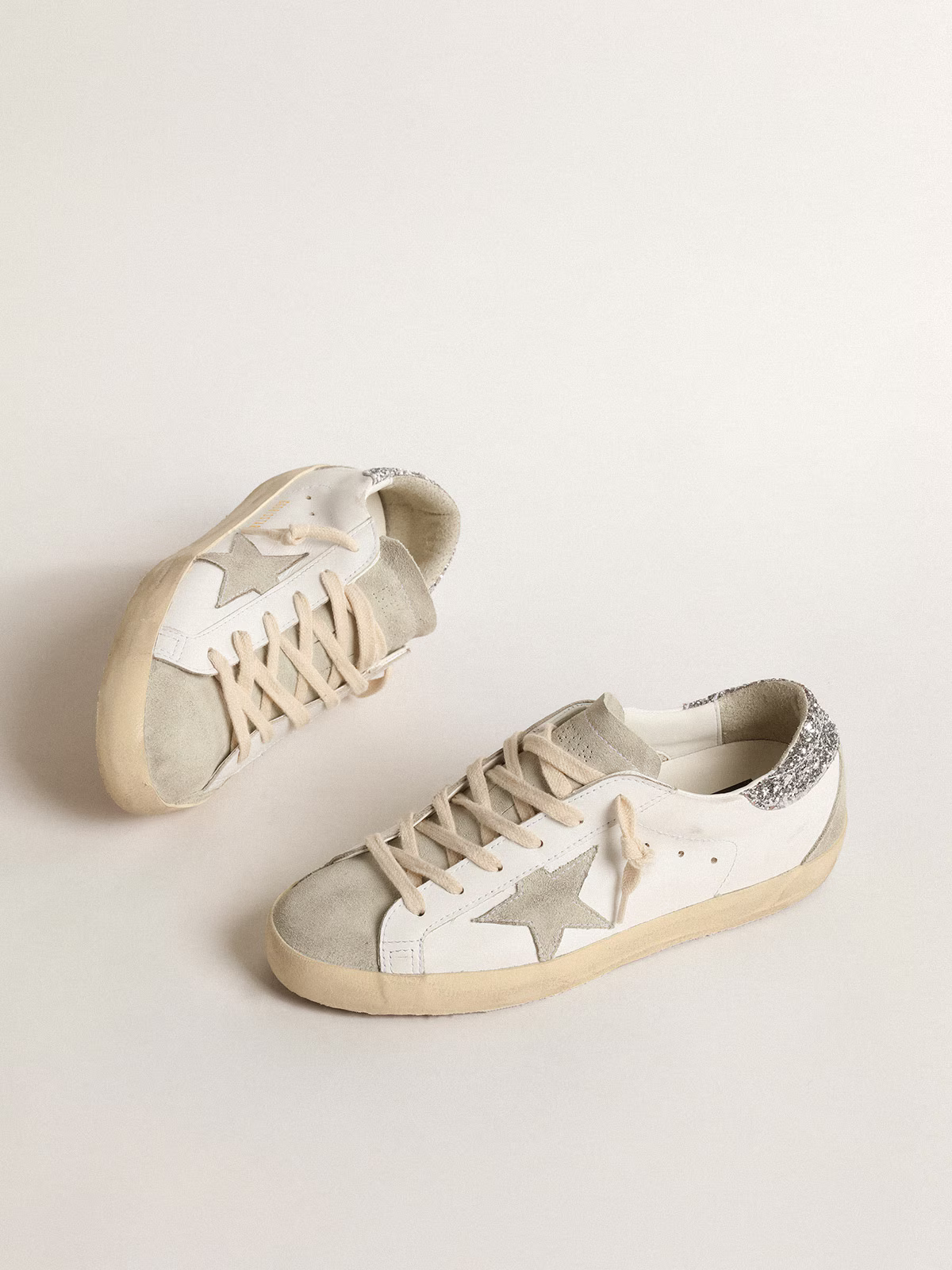 Golden Goose Superstar – White Leather with Silver Glitter Heel