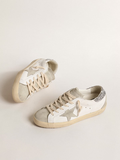 Golden Goose Superstar – White Leather with Silver Glitter Heel