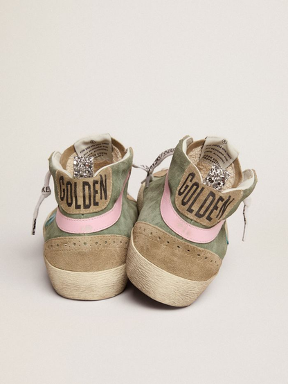 Mid Star Ltd Sneakers In Military Green Suede With Sky-blue Leather Star And Pink Leather Flash