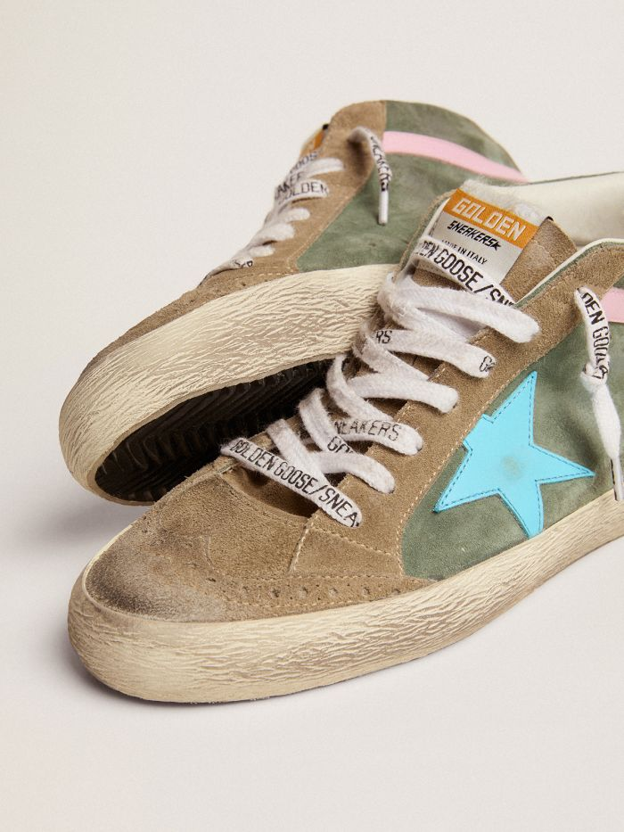 Mid Star Ltd Sneakers In Military Green Suede With Sky-blue Leather Star And Pink Leather Flash