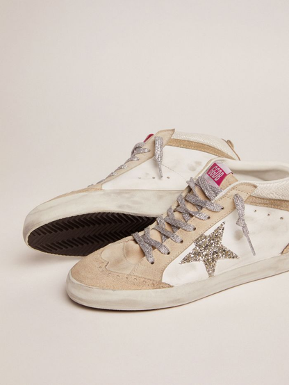 Mid Star Ltd Sneakers With Light Green Glitter Star And Snake-print Leather Insert