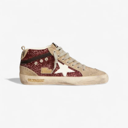Mid Star Sneakers In Burgundy Glitter With Dove-gray Suede Inserts And White Leather Star