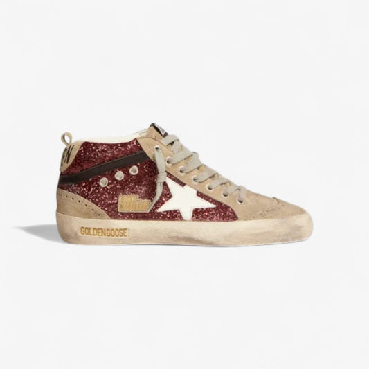 Mid Star Sneakers In Burgundy Glitter With Dove-gray Suede Inserts And White Leather Star