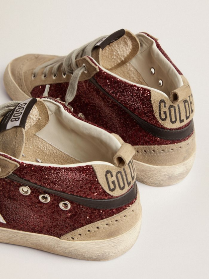 Mid Star Sneakers In Burgundy Glitter With Dove-gray Suede Inserts And White Leather Star
