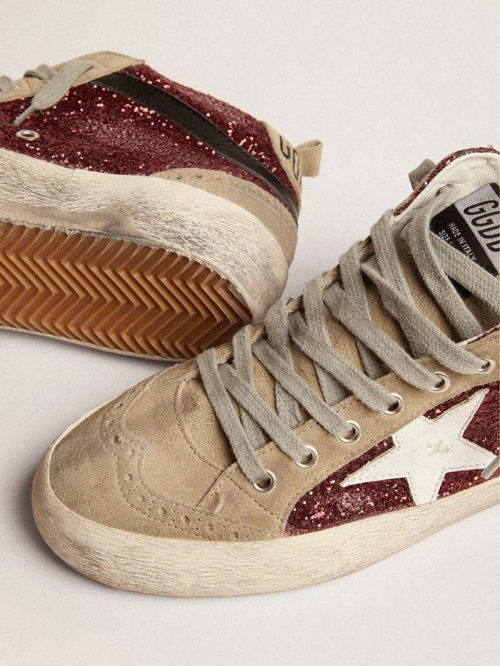 Mid Star Sneakers In Burgundy Glitter With Dove-gray Suede Inserts And White Leather Star