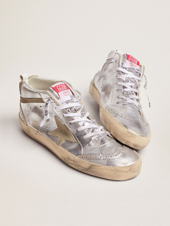 Mid Star Sneakers In Silver Metallic Leather With Star And Flash In Dove-gray Suede