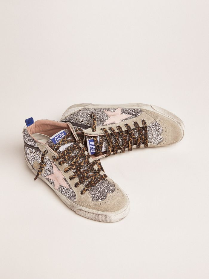 Mid Star Sneakers With Silver Glitter Upper And Pale Pink Star