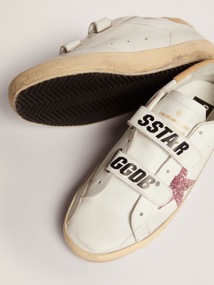 Old School Sneakers With Pink Glitter Star And Sand-colored Suede Heel Tab