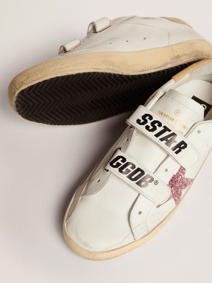 Old School Sneakers With Pink Glitter Star And Sand-colored Suede Heel Tab