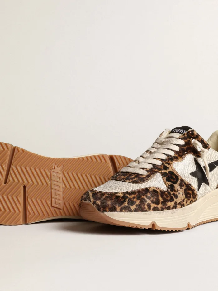 Running Sole Sneakers In Cream-colored Mesh With Leopard-print Pony Skin Inserts And Black Leather