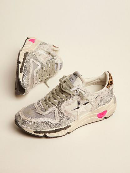 Running Sole Sneakers In Nylon And Silver Glitter With Leopard-print Pony Skin Heel Tab