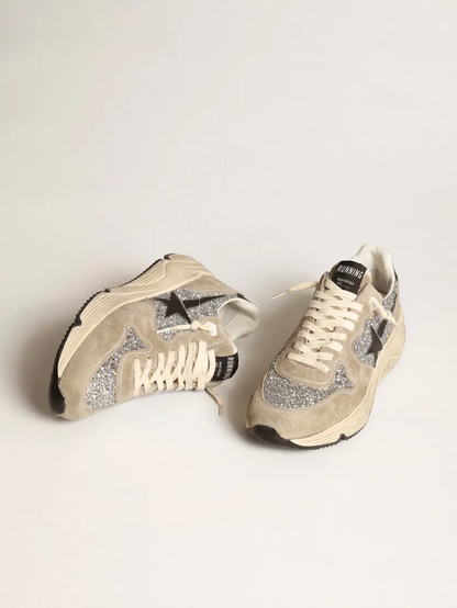 Running Sole Sneakers in Silver Glitter and Dove-gray Suede With Black Leather Star