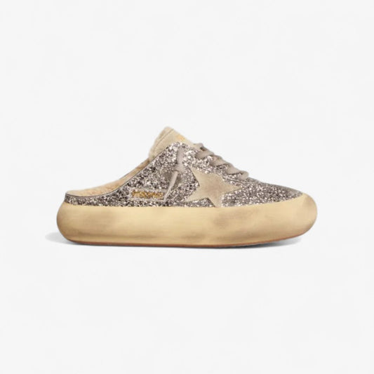 Space-star Sabot Shoes In Silver Glitter With Shearling Lining