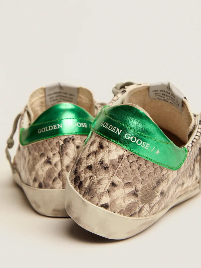Super-star Ltd Sneakers With Snake-print Leather Upper And Green Laminated Leather Heel Tab