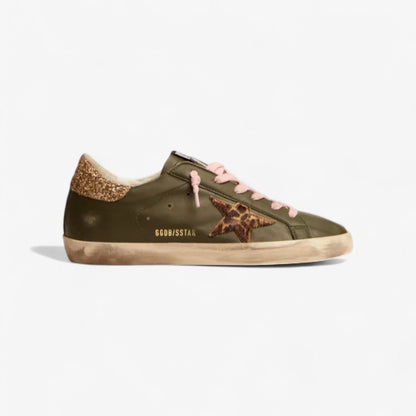 Super-star Sneakers In Dark Green Leather With Gold Glitter Heel Tab