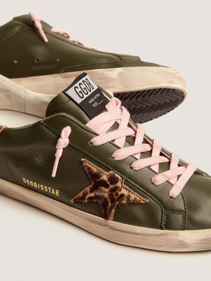 Super-star Sneakers In Dark Green Leather With Gold Glitter Heel Tab