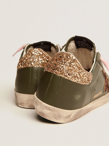 Super-star Sneakers In Dark Green Leather With Gold Glitter Heel Tab