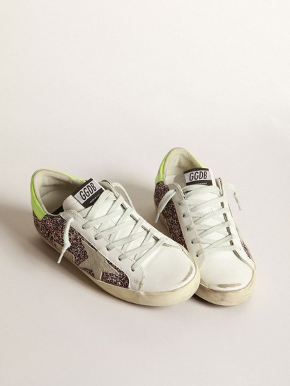 Super-star Sneakers In Gray And Pink Glitter With Ice-gray Suede Star And Fluorescent Yellow Leather