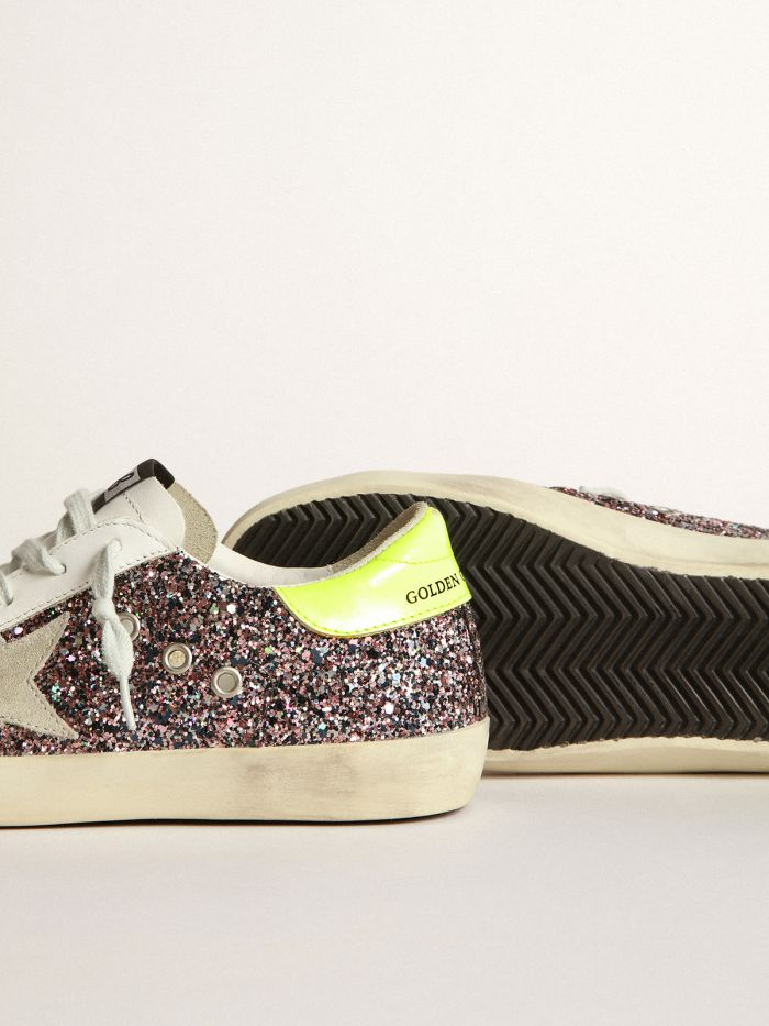 Super-star Sneakers In Gray And Pink Glitter With Ice-gray Suede Star And Fluorescent Yellow Leather