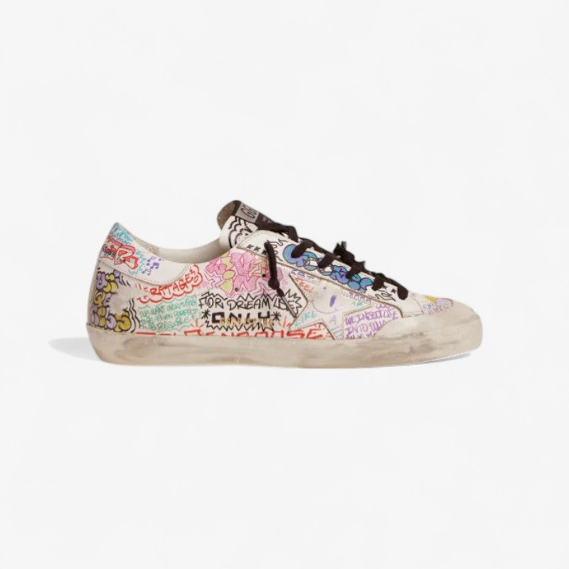 Super-star Sneakers In White Leather With Multicolored Graffiti Print