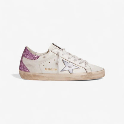 Super-star Sneakers With Lavender Glitter Heel Tab And Light-blue Metallic Leather Star