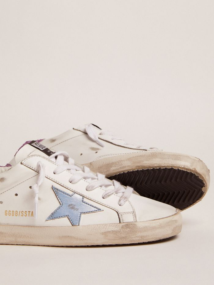 Super-star Sneakers With Lavender Glitter Heel Tab And Light-blue Metallic Leather Star