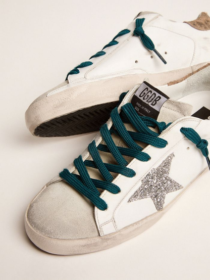 Super-star Sneakers With Silver Glitter Star And Leopard-print Suede Heel Tab