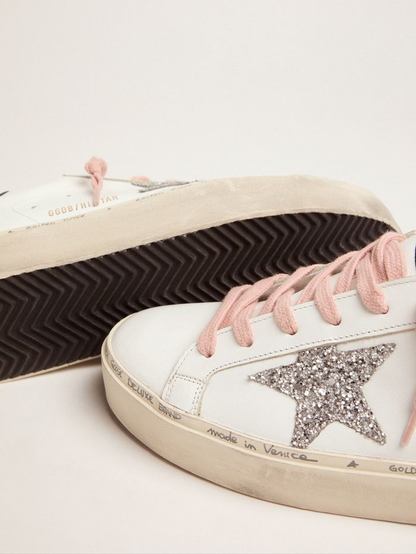 White Hi-star Sneakers With Glittery Star And Pink Laces