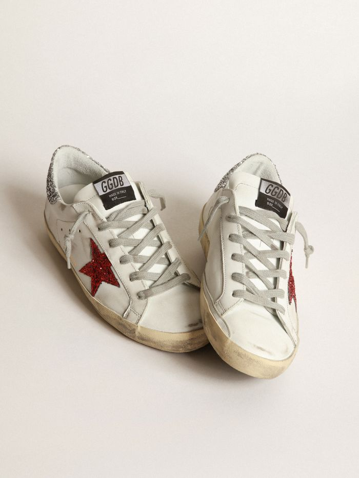 White Super-star Sneakers In Leather With Glittery Red Star